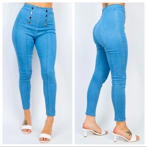 NEW TRENDY MEDIUM WASH DENIM WOMEN HIGH WAIST JEANS GOLD BUTTON DETAILS